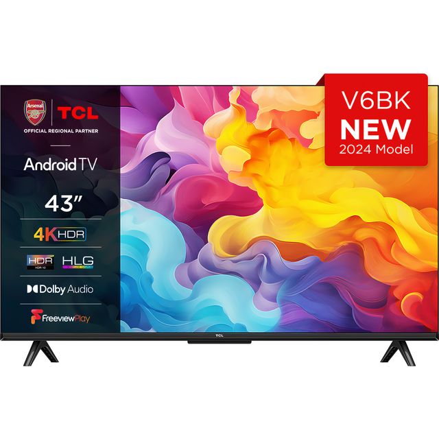 TCL 43V6BK 43-inch 4K Ultra HD, HDR TV, Smart TV Powered by Android TV (Dolby Audio, Voice Control, Compatible with Google Assistant, 2024 New Model)