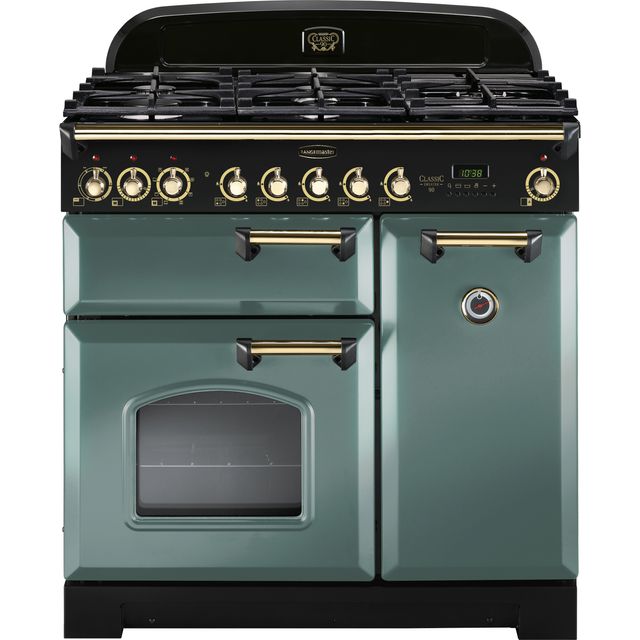Rangemaster Classic Deluxe CDL90DFFMG/B 90cm Dual Fuel Range Cooker - Mineral Green / Brass - A/A Rated