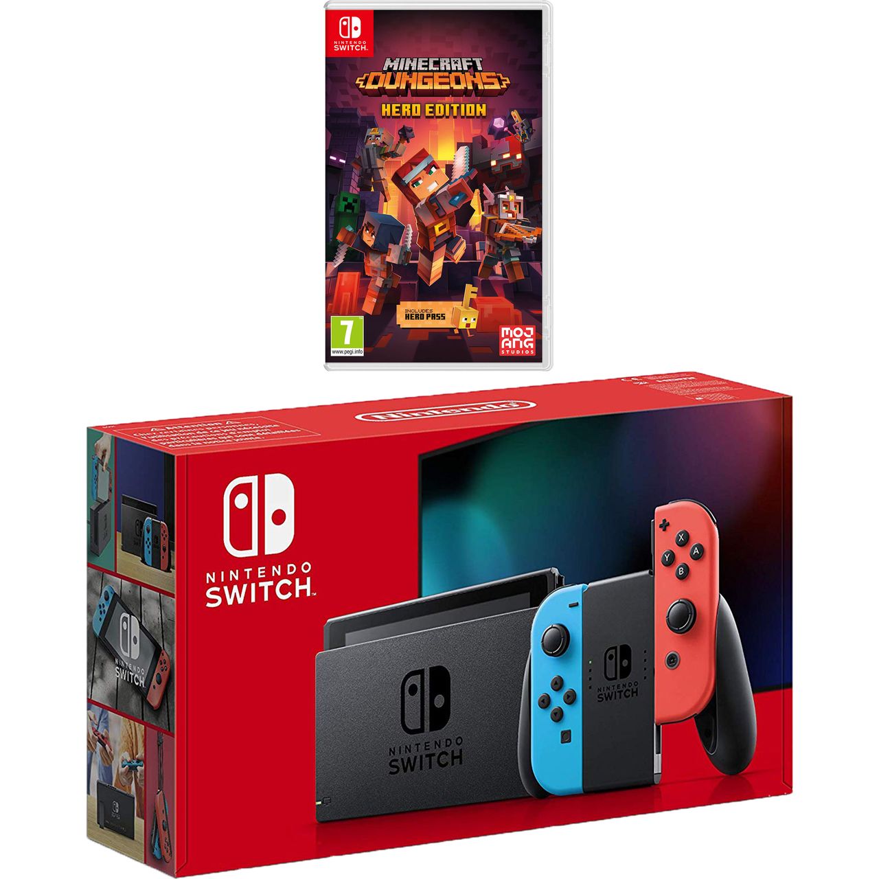 nintendo switch 32gb with minecraft dungeons neon red blue