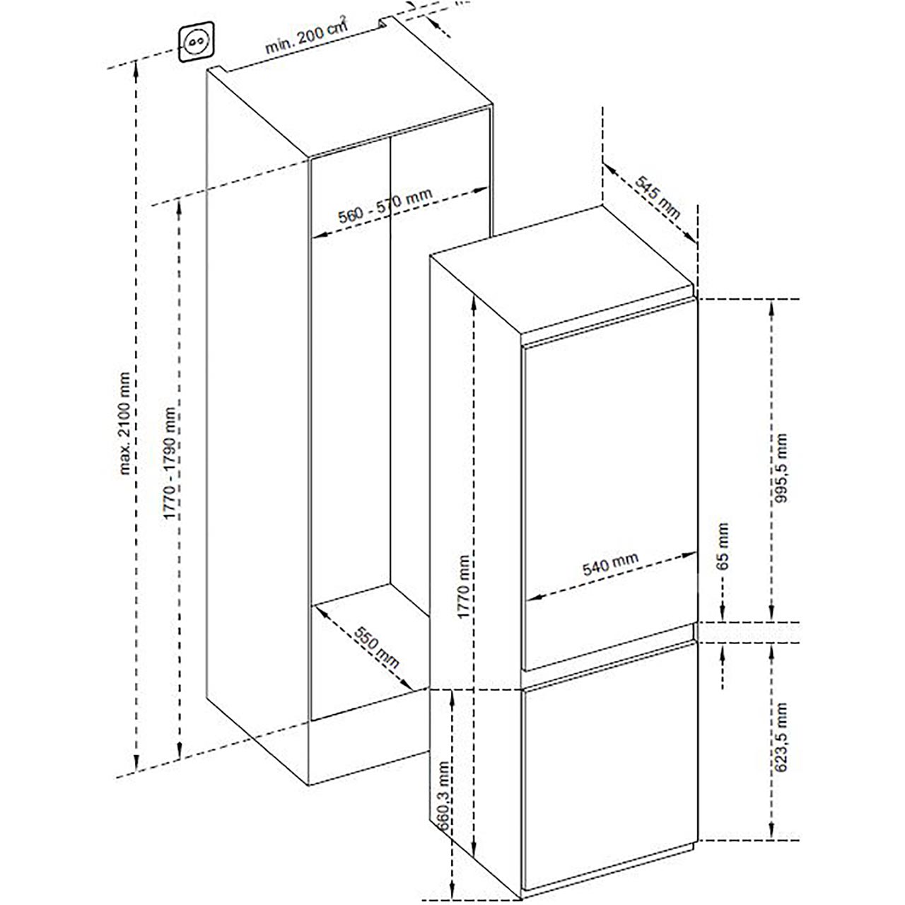 60 40 integrated fridge freezer door sizes