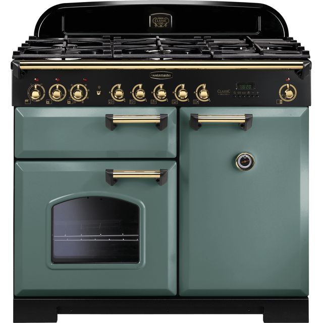 Rangemaster Classic Deluxe CDL100DFFMG/B 100cm Dual Fuel Range Cooker - Mineral Green / Brass - A/A Rated