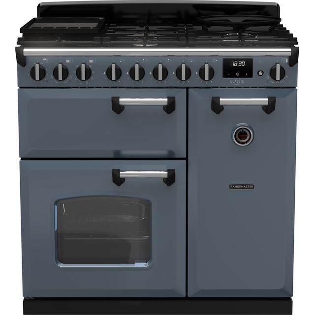 Rangemaster Classic Deluxe 90 CLDL90DFPSTB/CM1 90cm Dual Fuel Range Cooker - Stone Blue / Chrome - A Rated