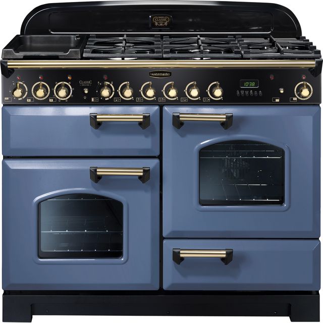 Rangemaster Classic Deluxe CDL110DFFSB/B 110cm Dual Fuel Range Cooker - Stone Blue / Brass - A/A Rated