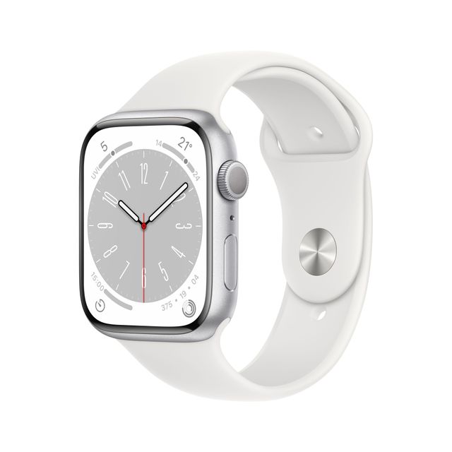 Apple Watch Series 8, 45mm, Silver Aluminium Case, GPS [2022] - White Sport Band - Regular