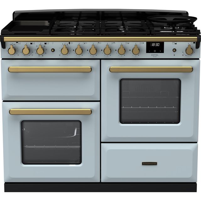 Rangemaster Estel Deluxe ESDLO110DFPMSB/AB1 110cm Dual Fuel Range Cooker - Misty Blue / Antique Brass - A/A Rated