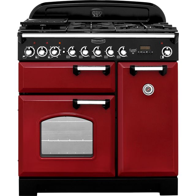 Rangemaster Classic Deluxe CDL90DFFCY/C 90cm Dual Fuel Range Cooker - Cranberry / Chrome - A/A Rated