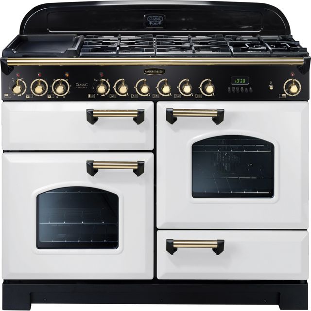Rangemaster Classic Deluxe CDL110DFFWH/B 110cm Dual Fuel Range Cooker - White / Brass - A/A Rated