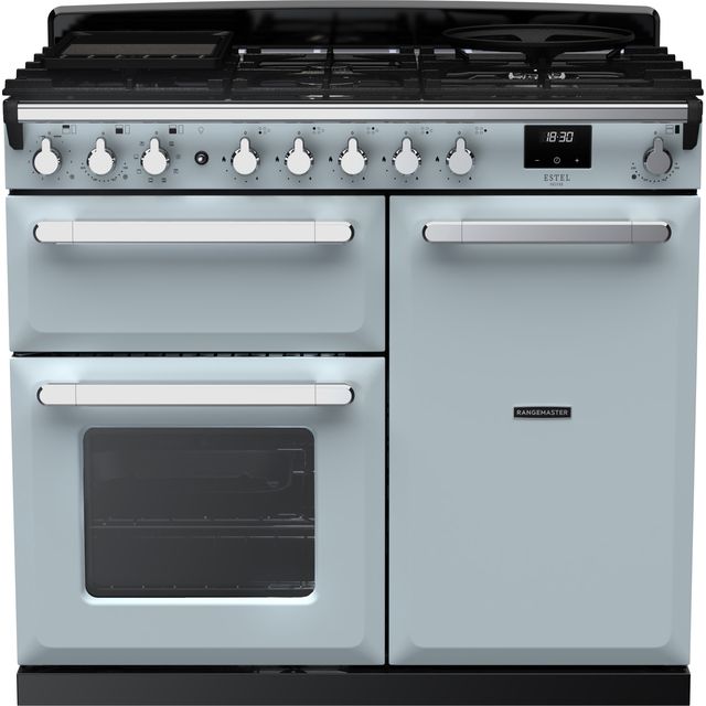 Rangemaster Estel Deluxe ESDL100DFPMSB/CM1 100cm Dual Fuel Range Cooker - Misty Blue / Chrome - A/A Rated