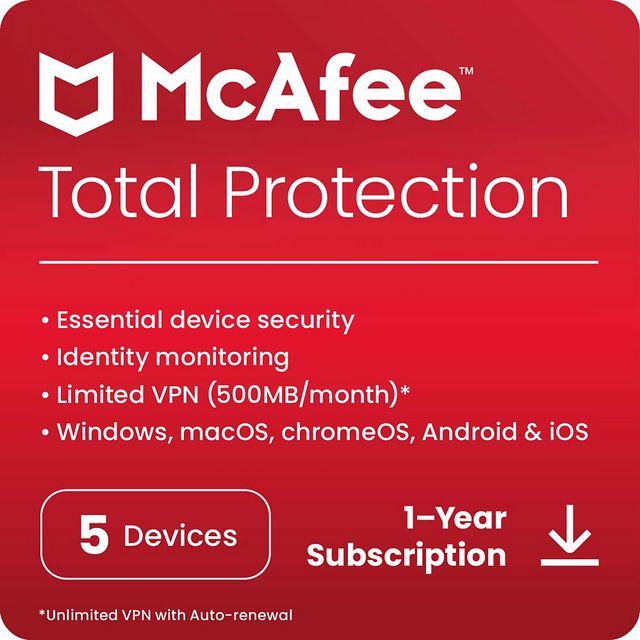 McAfee Total Protection Digital Download for 5 Devices - Annual Renewable Subscription, 1 Year Included