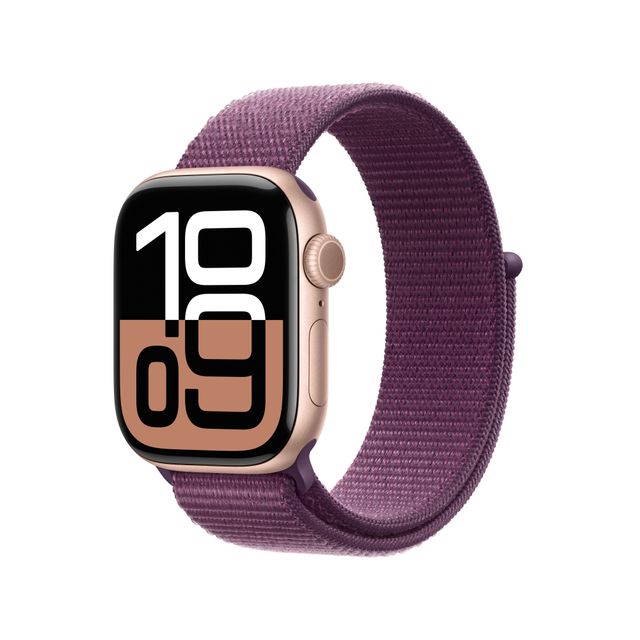 Apple Watch Series 10, 42mm, Rose Gold Aluminium Case, GPS + Cellular [2024] - Plum Sport Loop