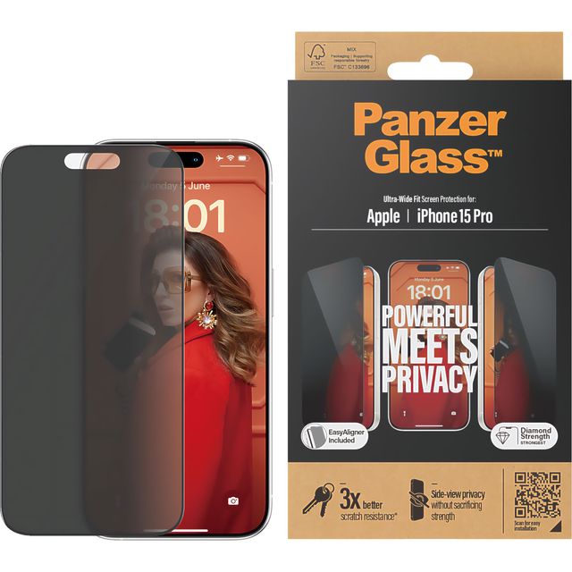 PanzerGlass Privacy Glass Screen Protector for iPhone 15 Pro - Ultra-Wide Fit - Transparent