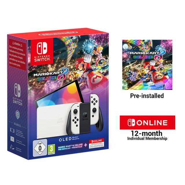 Nintendo Switch OLED 64GB with Mario Kart 8 Deluxe + Switch Online 1 Year - White