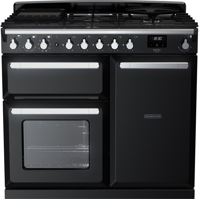 Rangemaster Estel Deluxe ESDL100DFPGBL/CM1 100cm Dual Fuel Range Cooker - Black / Chrome - A/A Rated