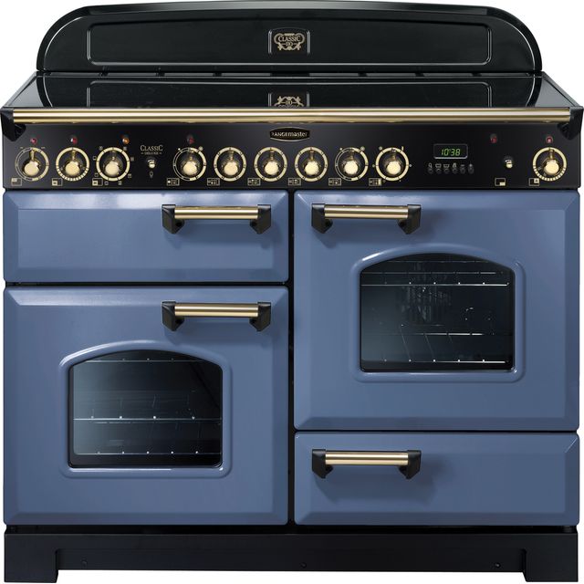 Rangemaster Classic Deluxe CDL110ECSB/B 110cm Electric Range Cooker with Ceramic Hob - Stone Blue / Brass - A/A Rated