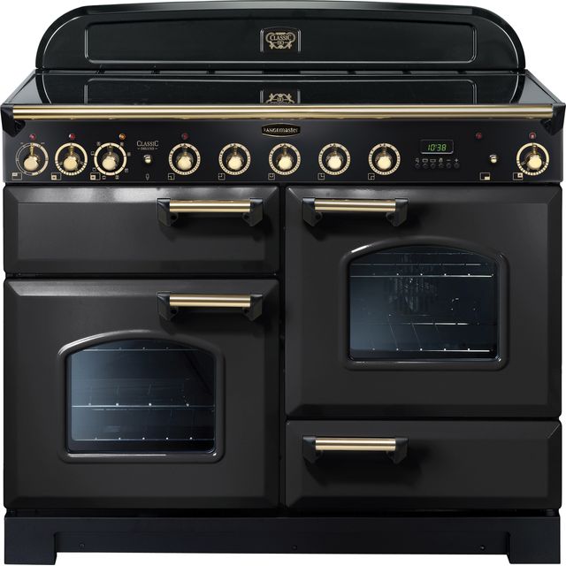 Rangemaster Classic Deluxe CDL110EICB/B 110cm Electric Range Cooker with Induction Hob - Charcoal Black / Brass - A/A Rated