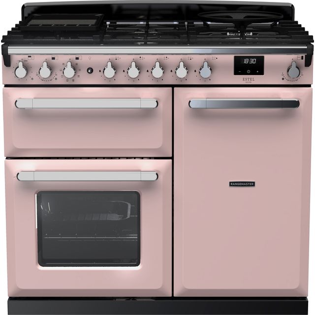 Rangemaster Estel Deluxe ESDL100DFPPPK/CM1 100cm Dual Fuel Range Cooker - Pale Pink / Chrome - A/A Rated