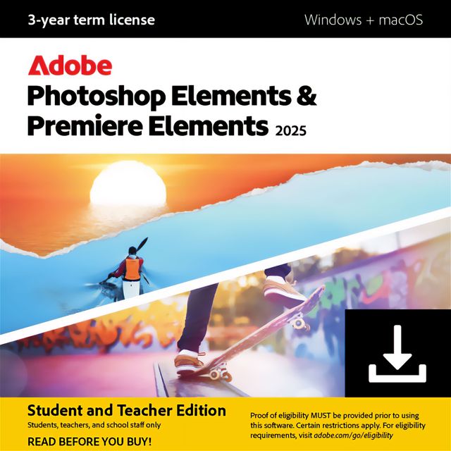 Adobe Photoshop & Premiere Elements (Student & Teacher) Digital Download for Windows Or Mac, for 1 User - 3 Year License, 3 Year License Included