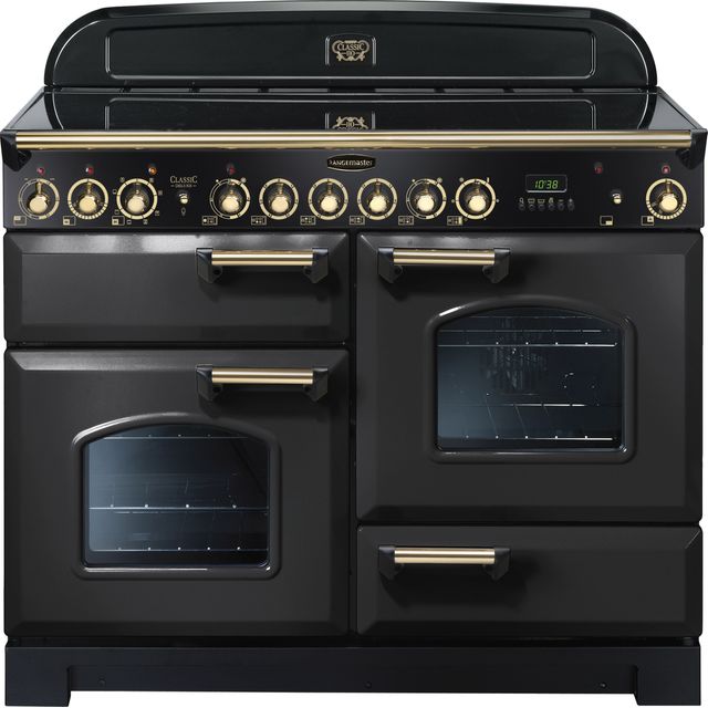 Rangemaster Classic Deluxe CDL110ECCB/B 110cm Electric Range Cooker with Ceramic Hob - Charcoal Black / Brass - A/A Rated