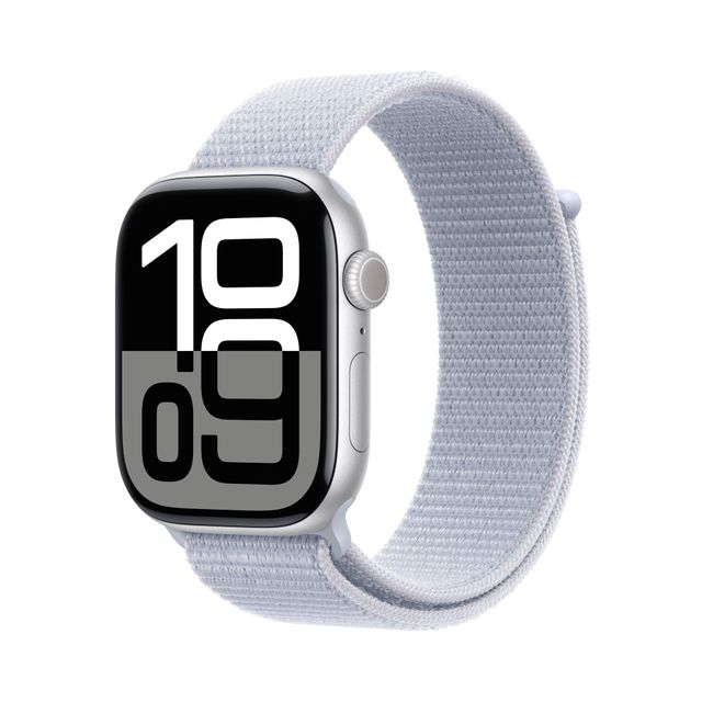 Apple Watch Series 10, 46mm, Silver Aluminium Case, GPS [2024] - Blue Cloud Sport Loop