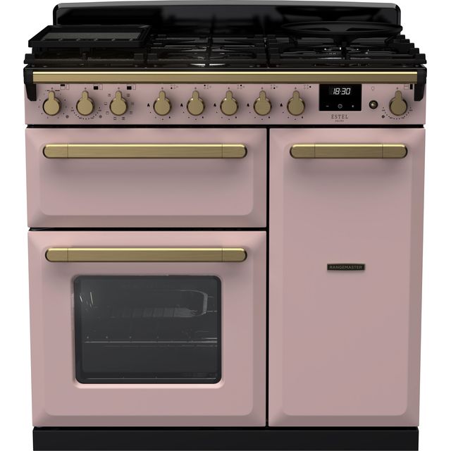 Rangemaster Estel Deluxe ESDL90DFPPPK/AB1 90cm Dual Fuel Range Cooker - Pale Pink / Antique Brass - A/A Rated