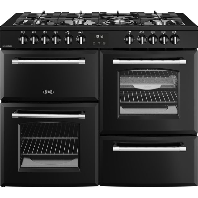 Belling Farmhouse 110DF 110cm Dual Fuel Range Cooker - Black / Antique Brass - A Rated