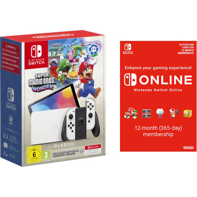 Nintendo Switch OLED 64GB with Super Mario Bros. Wonder + Switch Online 1 Year - White