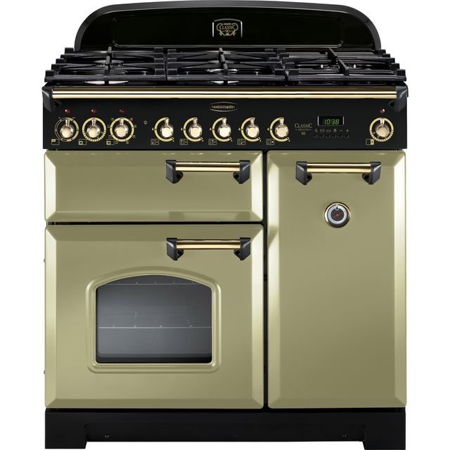 Rangemaster Classic Deluxe CDL90DFFOG/B 90cm Dual Fuel Range Cooker - Olive Green / Brass - A/A Rated