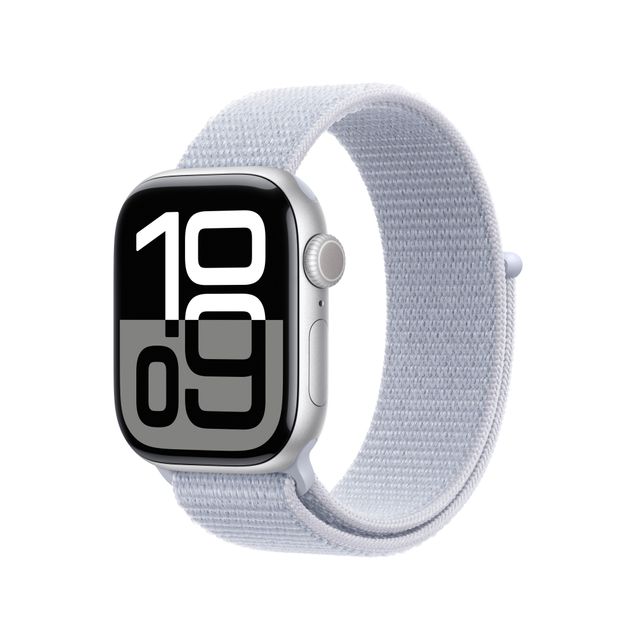 Apple Watch Series 10, 42mm, Silver Aluminium Case, GPS + Cellular [2024] - Blue Cloud Sport Loop