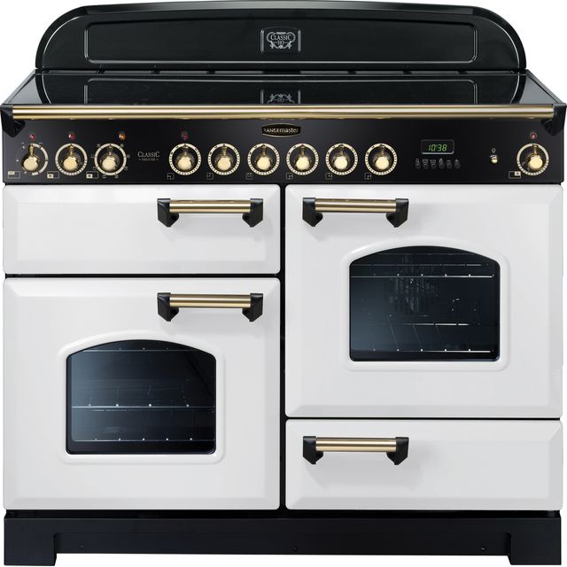 Rangemaster Classic Deluxe CDL110ECWH/B 110cm Electric Range Cooker with Ceramic Hob - White / Brass - A/A Rated