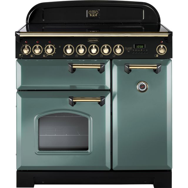 Rangemaster Classic Deluxe CDL90EIMG/B 90cm Electric Range Cooker with Induction Hob - Mineral Green / Brass - A/A Rated