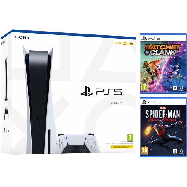 PlayStation 5 825GB with Ratchet & Clank: Rift Apart and Spider-Man: Miles Morales Bundle - White 