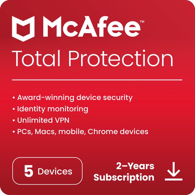 McAfee Total Protection Digital Download for 5 Devices, 2 Year Subscription