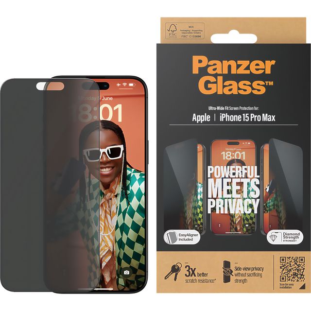 PanzerGlass Privacy Glass Screen Protector for iPhone 15 Pro Max - Ultra-Wide Fit - Transparent