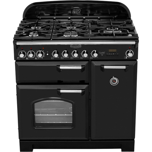 Rangemaster Classic Deluxe CDL90DFFBL/C 90cm Dual Fuel Range Cooker - Black / Chrome - A/A Rated