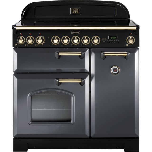 Rangemaster Classic Deluxe CDL90EISL/B 90cm Electric Range Cooker with Induction Hob - Slate Grey / Brass - A/A Rated