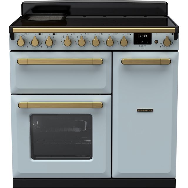 Rangemaster Edge Deluxe Free Standing Range Cooker in Misty Blue/Antique Brass