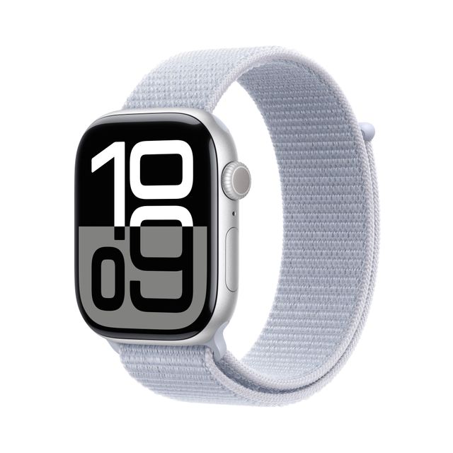 Apple Watch Series 10, 46mm, Silver Aluminium Case, GPS + Cellular [2024] - Blue Cloud Sport Loop