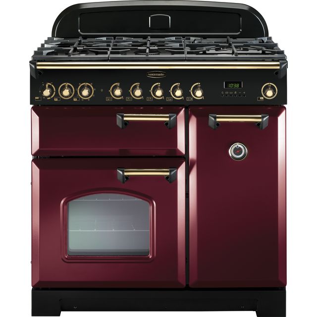 Rangemaster Classic Deluxe CDL90DFFCY/B 90cm Dual Fuel Range Cooker - Cranberry / Brass - A/A Rated