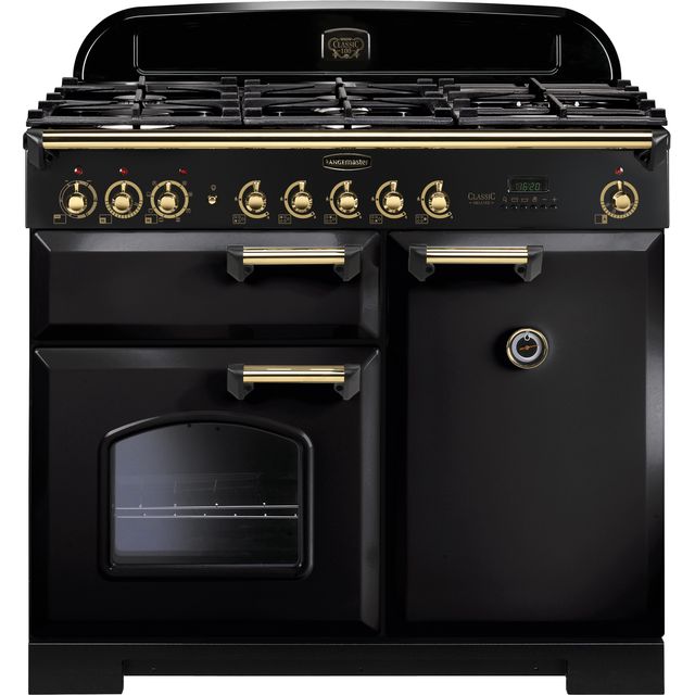 Rangemaster Classic Deluxe CDL100DFFBL/B 100cm Dual Fuel Range Cooker - Black / Brass - A/A Rated