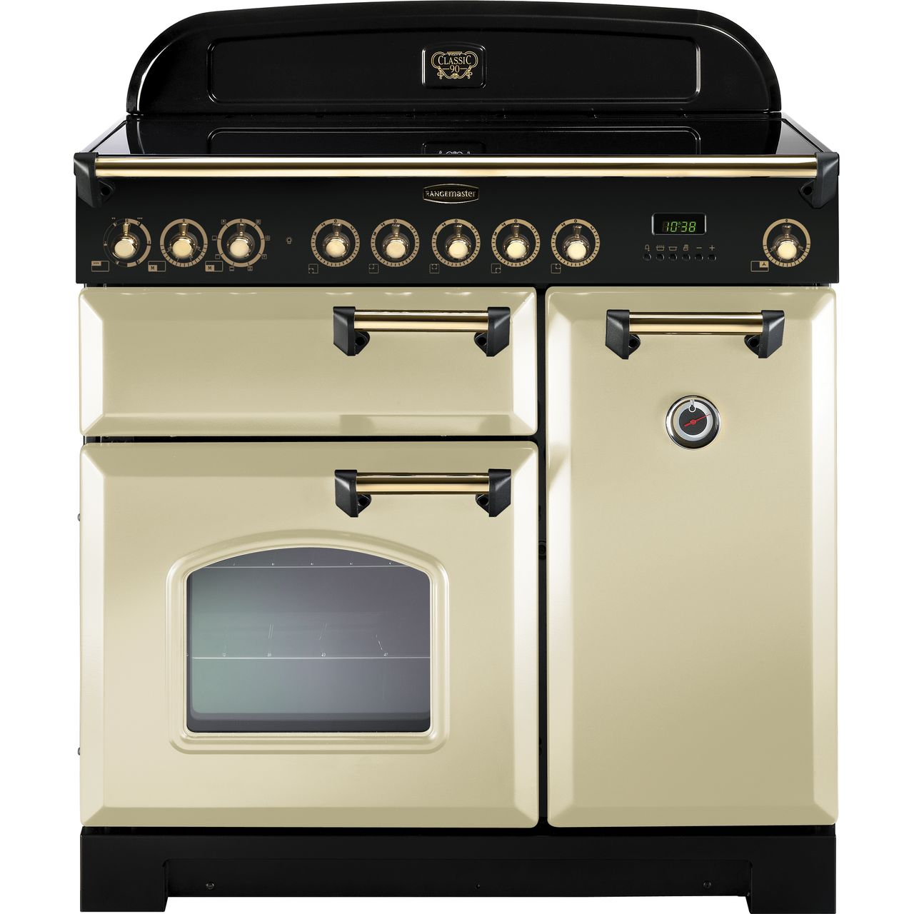Rangemaster Classic Deluxe CDL90EICR/B 90cm Electric Range Cooker with Induction Hob - Cream / Brass - A/A Rated, Cream